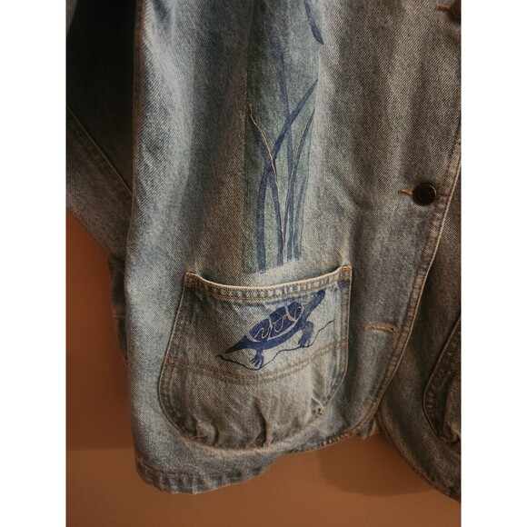 Vintage Adobe Designs Denim Jean Jacket Artsy Turtle Fish Rust Collared Size M - Picture 4 of 10